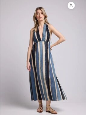 Striped Deep V Halter Maxi Dress in Blue and Cream stripe